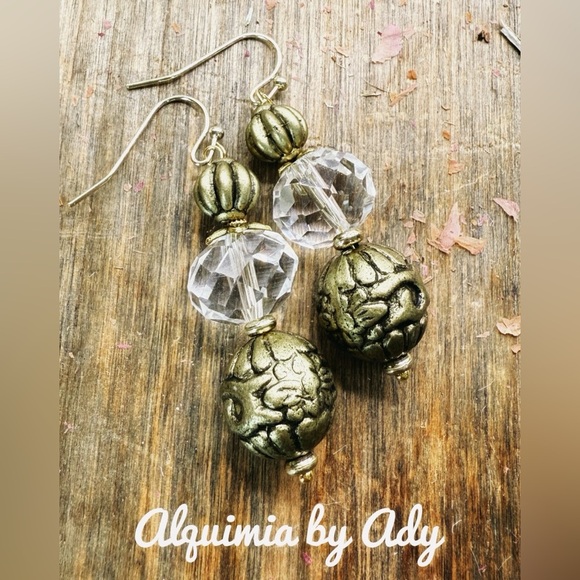 Vintage chunky clear quartz gold antique statement earrings - Picture 1 of 1